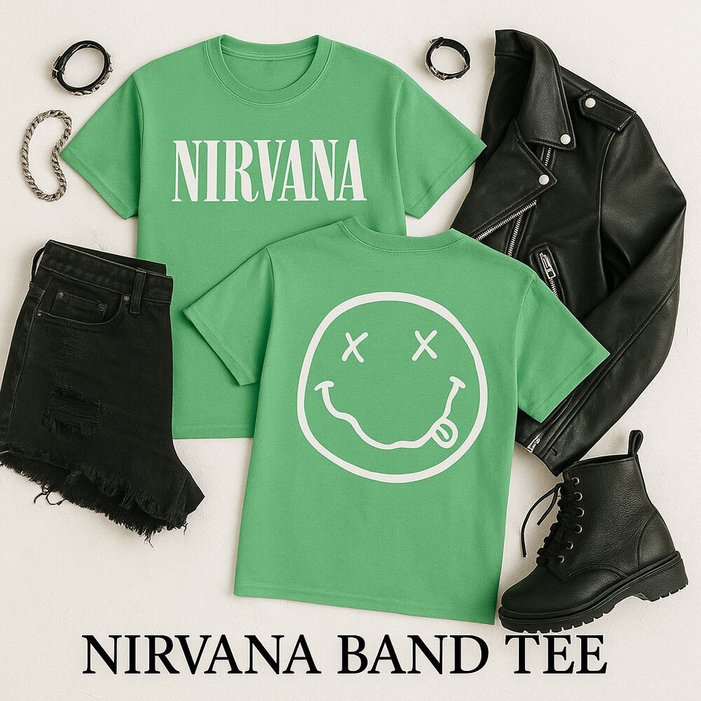 Nirvana Band Tee Green Medium Grunge Rock 90s Smiley Face Graphic Shirt